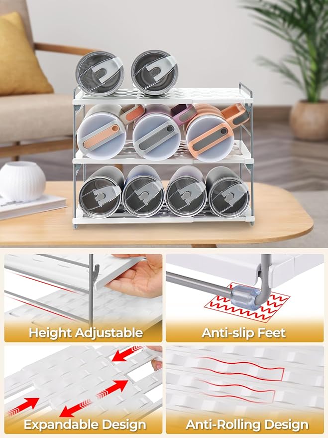 Cirhy 12" Tall 3-Tier Expandable Water Bottle Organizer – Fits 20-40 oz Stanley, Owala, Yeti Tumblers, Shaker Cups & Travel Mugs – Adjustable Storage Rack for Cabinet, Kitchen & Pantry Organization | Adjustable 12" Tall Bottle Rack, Fits 20-40 oz Tumbl...