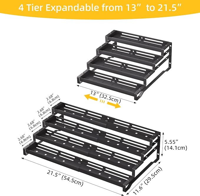 Spice Rack Organizer for Cabinet, 13-21.5" Expandable Spicy Shelf | 11.6" Wide 4-Tier Black Metal Seasoning Organizer, Kitchen Spice Organization, Slip-Resistant Guardrails for Jars and Cans