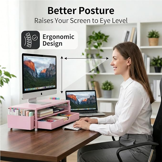 ECOLOVI Desk Organizer and Accessories, 2-Tier Computer Monitor Stand Rise with Storage Drawer & 2 Pen Holders, Laptop & Printer Stand for Desktop, Workspace Organizers for Office Supplies (Pink)