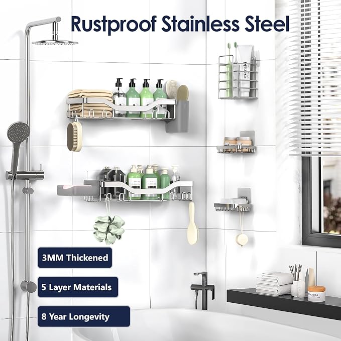 NESOMI Shower Caddy Adhesive Shower Organizer 7-Pack, Rustproof Stainless Steel Bathroom Shelves, Large Capacity No-Drill Rack Storage Accessories with Soap Dish Toothbrush Holder Hooks
