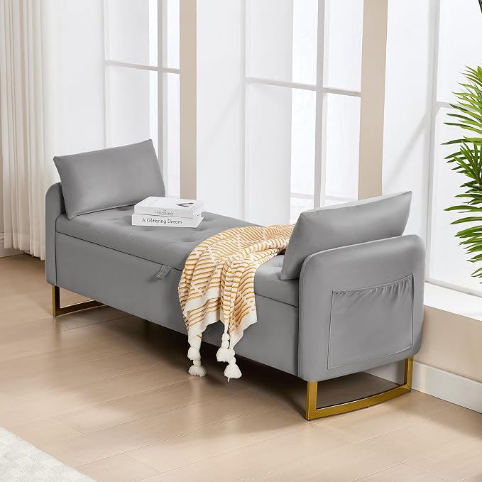 65" End of Bed Storage Bench, Storage Bench for Bedroom with Tufted Button Upholstered and Gold Legs, Ottoman Bedroom Benches with Armrests for Living Room Window, Light Grey
