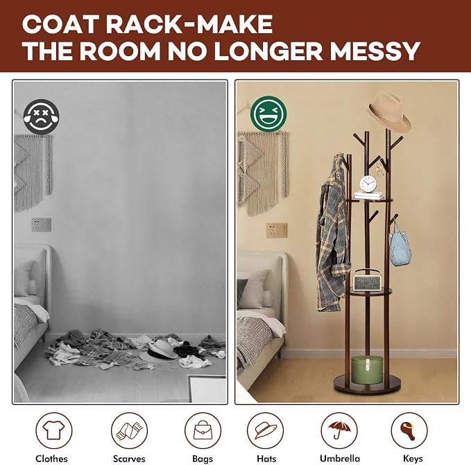 Freestanding Coat Rack, Solid Pine Wood Rotary Coat Tree with 3 Shelves and 9 Hanging Handles, Coat Hanger Stand for Bedroom, Entryway, Livingroom(Walnut Color)