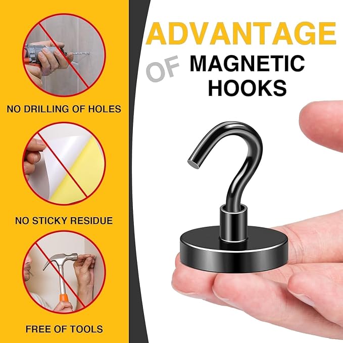 DIYMAG Magnetic Hooks 20pcs 170lbs Cruise Essentials 2026 Magnet Hook Black | Neodymium Heavy Duty Strong Magnets Hanging Ship Cabins Refrigerator Fridge Classroom Beach Vacation Kitchen Grills Home Tool
