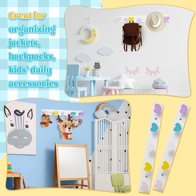 Maitys 2 Pcs Kids Coat Rack Wall Mount Kids Wall Hooks Rainbow Coat Rack Hooks for Boys Girls Toddler Cute Bathroom Decor Colorful Backpack Hanger Supplies for Clothes Hat Towel in Bedroom(Heart)