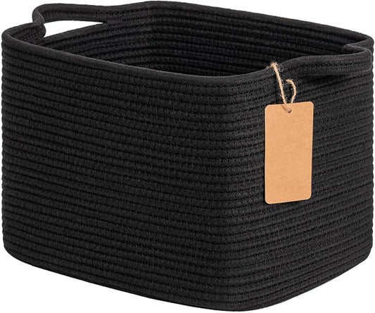 Goodpick Small Woven Storage Basket with Handles, Rectangle, Black | 13 × 10 × 9 in, Cotton Rope, Shelf Organization, Toys, Towels & Books Storage, Living Room & Bathroom Organization