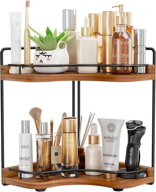 2-Tier Corner Bathroom Counter Organizer, Larger Size | Embedded Screw Holes, Sturdy & Stable, Oversized, Holds More, Vanity Shelf for Makeup & Skincare