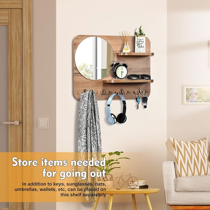 Wooden Key Rack with Mirror, Shelf and 4 Key Hooks for Rustic Entrances, Hallways, Living Rooms and Bedrooms - 16"x12" (Oak Color)