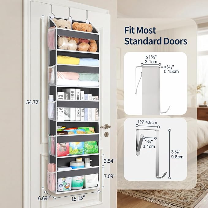 Yecaye 5 Tier Clear Over the Door Organizer Hanging, 5 Large Plastic Pockets and 10 Side Pockets Back of Door Organizer, 56lbs Weight Capacity Behind the Door Storage for Nursery, Deep Gray
