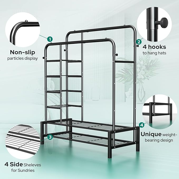 Clothes Rack with Shelves, Double Rods Clothing Rack for Bedroom, Black | Metal Garment Rack for Hanging Clothes, 2 Bottom Shelves & 4 Side Shelves, 220 LBS Clothes Racks for Laundry Room, Dorm Room
