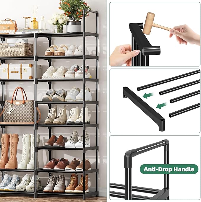 Simple Trending 8-Tier Shoe Rack Large Capacity 64 Pairs Tall Shoe Shelf, Sturdy Metal Shoe Organizer for Entryway, Closet, Bedroom, Black