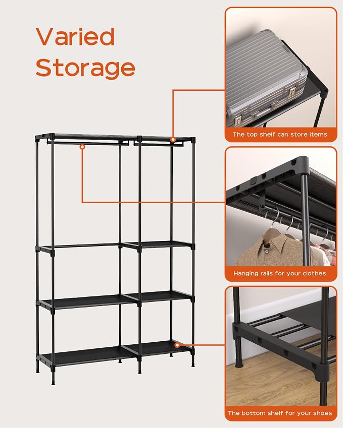 CASAMAYA Clothes Rack, Portable Closet, 44.9 Inch Large Capacity Wardrobe Closet, Clothes Storage Organizer with Shelves and 2 Hanging Rods, Easy to Assembly, Black PCT021B01