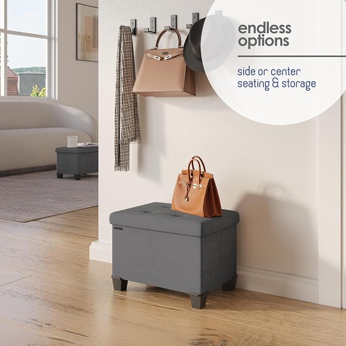 Storage Ottoman Cube with Small Bin, 16-in Square Ottoman with Storage for Living Room and Bedroom, Small Ottomans Foot Rest, Fabric Foot Stools Ottomans Max 330lbs, Grey