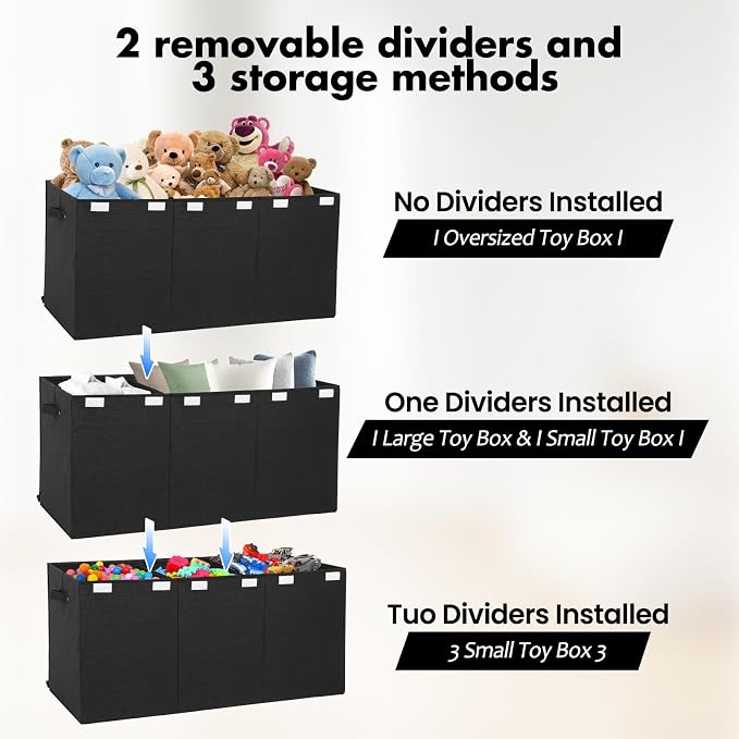 167L Large Toy Box Chest Storage with Lid, Collapsible Kids Toy Storage | Toy Chest with with Removable Divider for Kids, Boys, Girls, Nursery, Living Room, Bedroom, 35.5"x17" x17" (Linen Black)