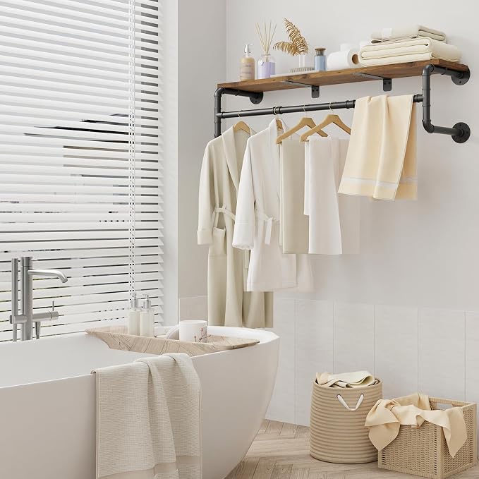 Yawinhe Industrial Pipe Clothing Rack with Shelves,Closet Rod,Rustic Brown | Heavy Duty Detachable Multi Purpose Hanging Rod ;Wall Mounted Rod;Clothing Garment Rail for Homes;Saving Space Clothes Bar