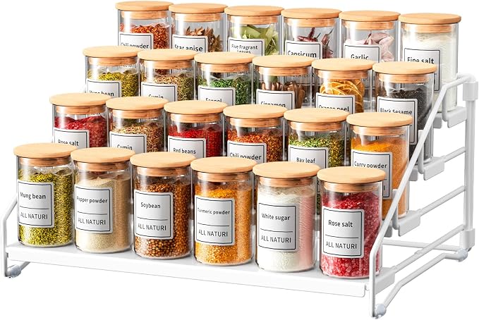 Spice Rack Organizer for Cabinet, Depth Adjustable 4 Tier Spice Rack,1 Pack | White, Metal Spice Organization for Cabinet, Easy Visibility, Tiered Spice Rack Perfect for Cabinet, Pantry and Countertop