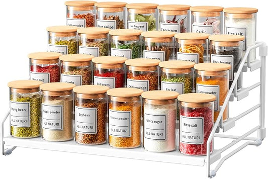 Spice Rack Organizer for Cabinet, Depth Adjustable 4 Tier Spice Rack,1 Pack | White, Metal Spice Organization for Cabinet, Easy Visibility, Tiered Spice Rack Perfect for Cabinet, Pantry and Countertop