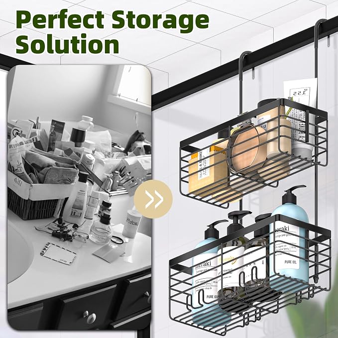 YUOROS 2 Tier Hanging Shower Caddy (Black) | Over the Door Shower Organizer Rack Organizer Stainless Steel Rustproof