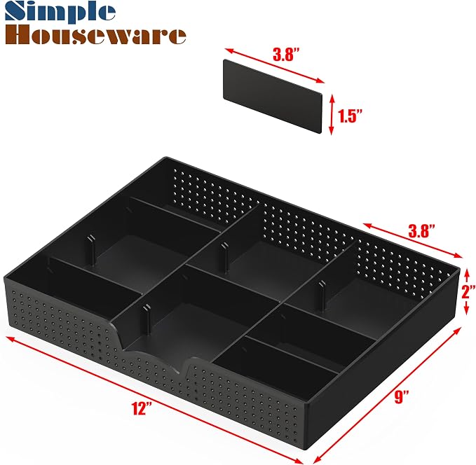 Simple Houseware Drawer Organizer Tray, 9 Compartments, 2-Pack, Black | Adjustable Compartments For Office, Makeup, and Craft Drawer or Desktop Storage