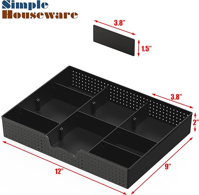 Simple Houseware Drawer Organizer Tray, 9 Adjustable Compartments, Black | For Office, Makeup, and Craft Drawer or Desktop Storage
