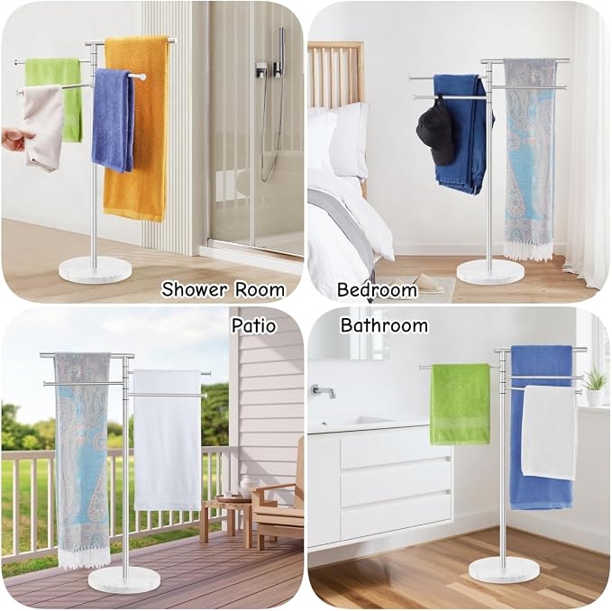 Standing Towel Rack, Stainless Steel Towel Racks for Bathroom with Weighted Marble Base, 4 Swivel Towel Arms Freestanding Outdoor Towel Holder Stand for Pool, Brushed Nickel