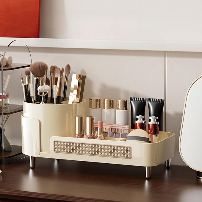 Booklov Rotating Makeup Organizer for Vanity Countertop, Cream | Plastic Cosmetic Display Case, Large Beauty Brush Holder for Bathroom Counter, Skin Care Perfumes Storage