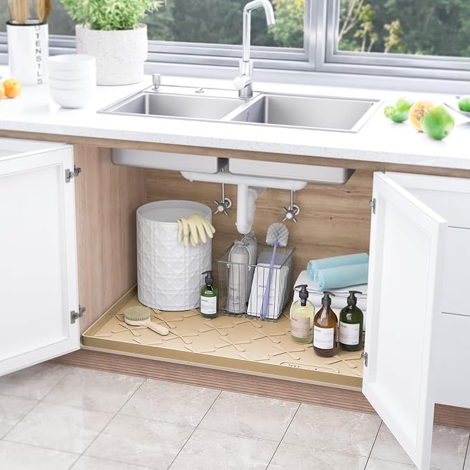 SIKADEER Waterproof Under Sink Mat Food-Grade Kitchen Shelf Liner 31" x 22" | Thick Raised Edge Cabinet Protector, BPA Free Kitchen Organizer and Storage, Non-Slip Dog & Cat Mat, Silicone Drying Mat