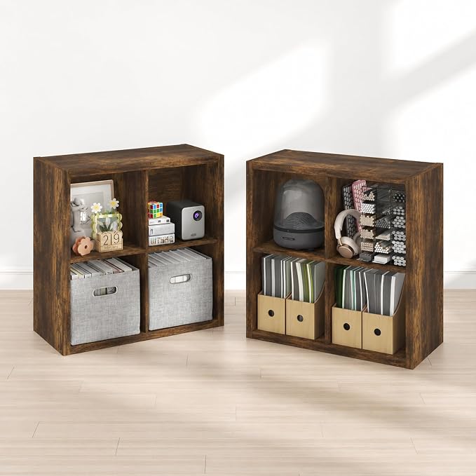 Furinno Cubicle Book Shelf Set of 2, 4-Cube Bookshelf, Amber Pine | 14.6 x 30 x 30, 1.2" Thick Frame Bookcase with Reversible Open Back, for Living Room, Bedroom, Home Office