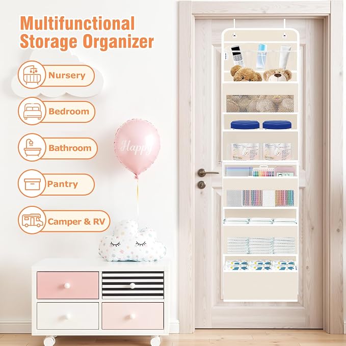 Over The Door Organizer Storage Large Capacity Hanging Bedroom Storage | 6 Shelves, Detachable, 40 LB Capacity, Mesh Design, Clear Window, Sturdy, Storage Organizer for Nursery, Pantry & Closet