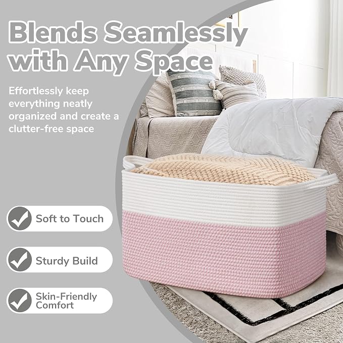Goodpick Large Woven Blanket Basket, Rectangle Storage, White & Pink | 21.6 x 14.9 x 11.8 in, Reinforced Handles, Nursery & Bedroom Organization, Baby Toys, Blankets & Kids Essentials Storage