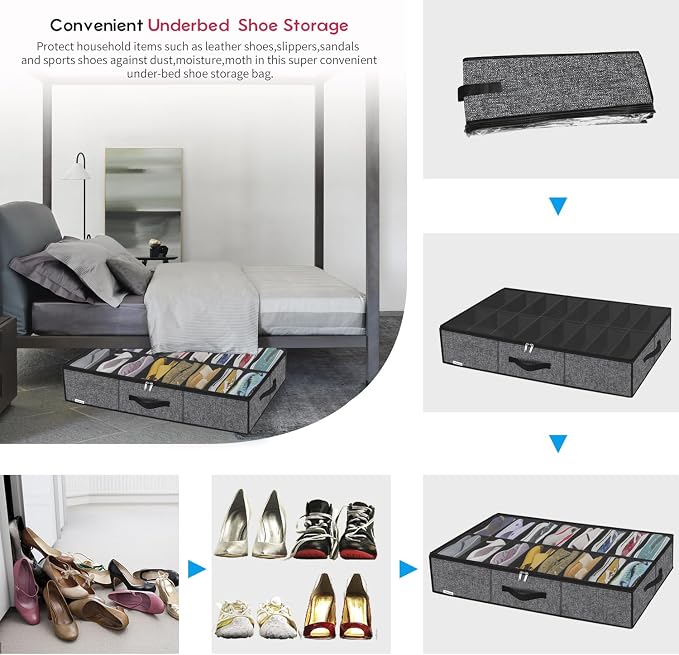 Onlyeasy Sturdy Under Bed Shoe Storage Organizer with Handles and Clear Window Fit 16 to 32 Pairs, Premium Foldable Shoes Container Box for Closet, 37.7x 23.6x 5.9 inch, Cotton-like Black, MXBUBS16P2