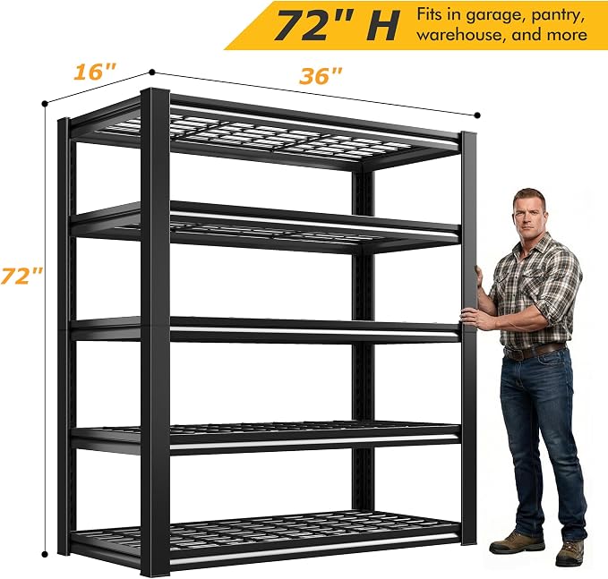 REIBII 3-Pack Garage Shelving 3200LBS Heavy Duty Storage Shelves for Office | Adjustable Industrial Shelf, 5-Tier Metal Structure, Large Storage Rack for Warehouse, School, Office, 36" W x 16" D x 72" H