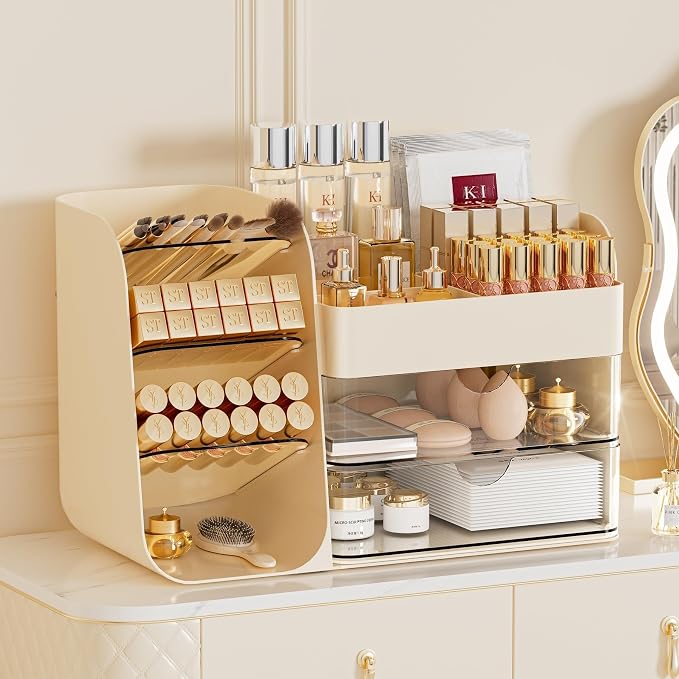 Makeup Organizer Countertop with 2 Drawers, Large Capacity Make Up Organizers for Vanity, Bathroom Organizers and Storage, Cosmetics Organizer Easy To Storage Brushes Eyeshadow Lipstick, Cream