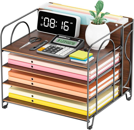 LUCYCAZ File Organizer for Desk,Desktop File Paper Organizer | 4 Tier Wood Desk Organizer for Hanging File Folders Letter Size or A4 Size for Office School and Home, Black