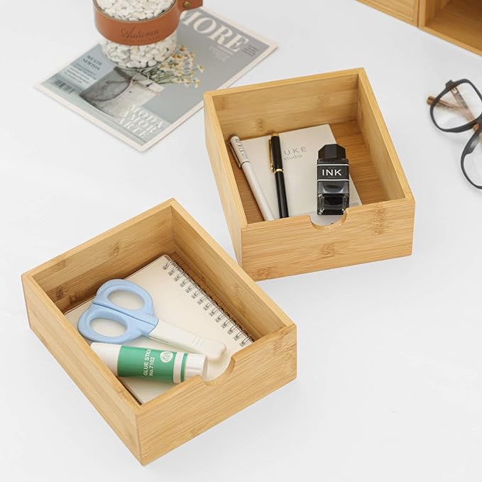 Bamboo Desk Drawer Organizer, Desktop Organizer with Drawers(3 Drawers) | 3 Drawers Open Top Tray Fully Assembled Stores Pens, Notes, Makeup, Jewelry & Toiletries for Office, Vanity & Bath