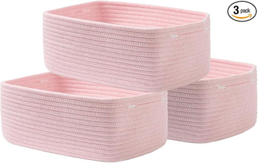 KALLAX Small Woven Storage Basket for Organizing, 13.5x9.5x5 inches, 3 Pack | Shelf baskets for closet organization, toy storage and home decor, Perfect as empty gift baskets for holidays, Light Pink