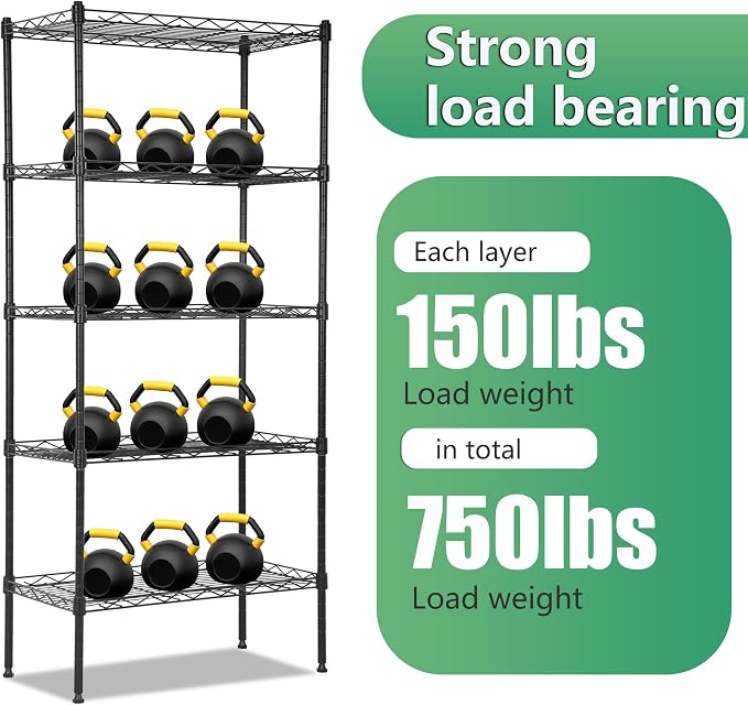 BestOffice | 5-Tier Wire Shelf | 22" x 12" x 48" | Black | Storage Shelves with Adjustable Racks, Holds upto 750 lbs | Rust-Resistant, No-Tool Assembly | For Home, Garage