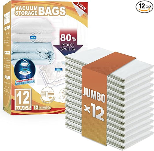 TAILI 12 Pack Vacuum Storage Bags, Jumbo Size (31×40 inch), Cream | Vacuum Seal Bags for Clothing, Extra Large Space Saver for Bulky Beddings, Comforters, Blankets, Pillows, Reusable