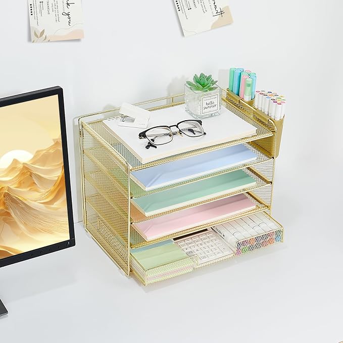 LEKETREE Desk Organizers and Accessories, 5-Tier Paper Letter Tray Organizer with Drawer & 2 Pen Holders, Desktop Organizer for Office Supplies (Gold)