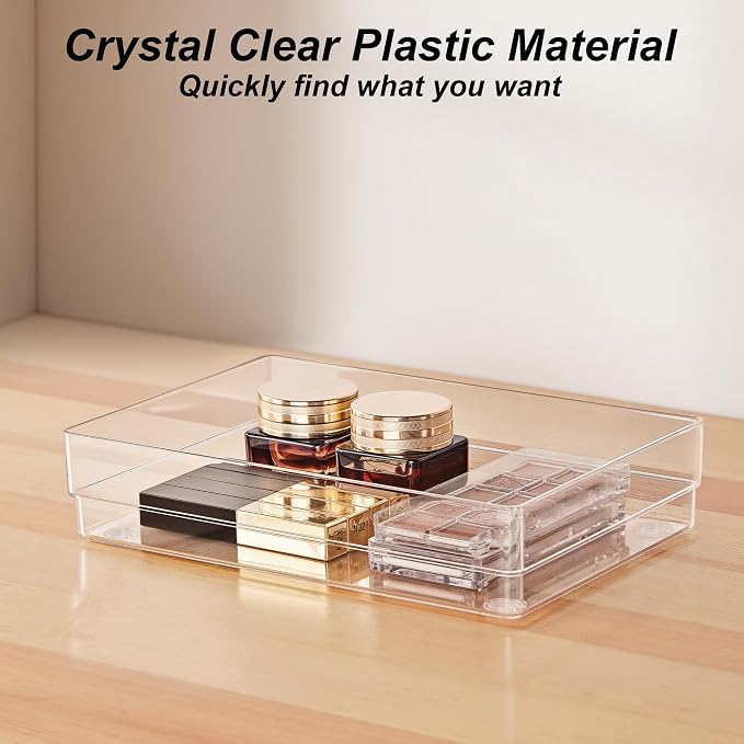 SMARTAKE 25 PCS Drawer Organizer, 4-Size Desk Drawer Organizer Trays | Storage Tray with Non-Slip Silicone Pads for Makeup, Jewelries, Utensils in Bedroom Dresser, Office and Kitchen (Clear)