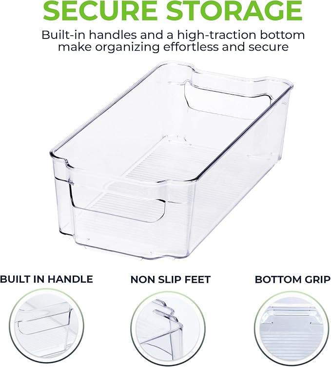 Zulay Kitchen 4 Pack Clear Refrigerator Organizer Bins - Large Fridge Organizers and Storage Containers - Transparent, BPA Free, Durable, Shatterproof