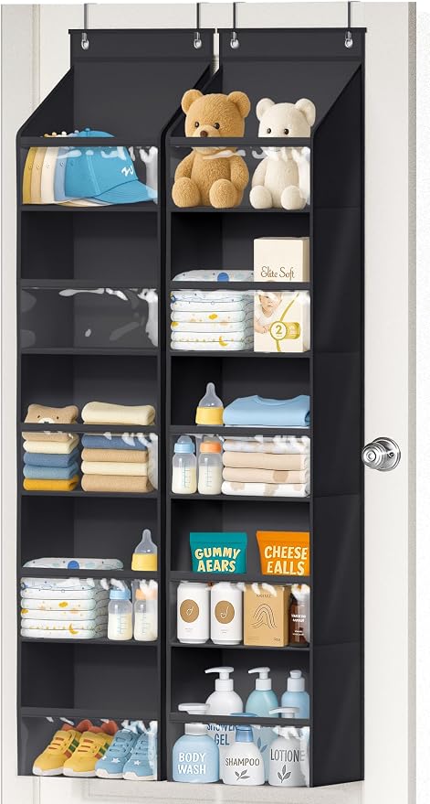 AOODA 2 Pack Over the Door Organizer, Large Capacity Closet Door Hanging Organizer, Clear Deep Pockets Baby Storage for Nursery, Bathroom, Bedroom, Pantry, Diapers (Black)