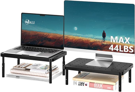 WALI Monitor Riser for Desk, 3 Height Adjustable Laptop Riser with Airflow Vents, Desk Organizer for Computer/Printer/Notebook, 2-Pack for Dual Monitor Setup, Black (PTT001‑2)