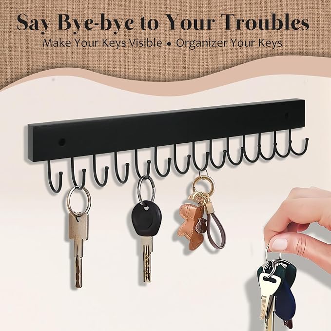 2-Pack Key Holder Wall Mount, 14.6" Key Rack with 28 Rotating Metal Hooks | Natural wood wall key hanger, 28 rotating metal hooks, for entryway, hallway & apartment decor, space-saving, Black