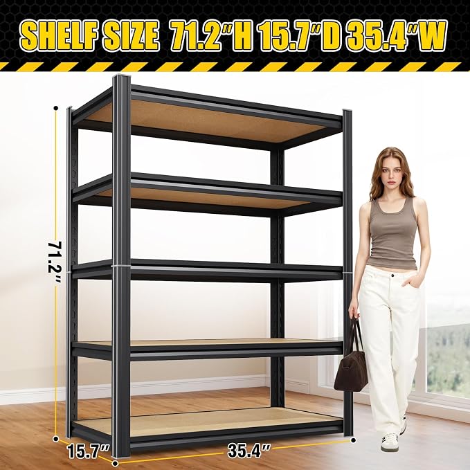 2 Pack Garage Shelving Heavy Duty Storage Shelves, Metal Adjustable Shelving Unit, Utility Garage Organizer Shelf for Basement, Pantry, Kitchen, Warehouse, 71.2" Hx35.4 Wx15.7 D, Black