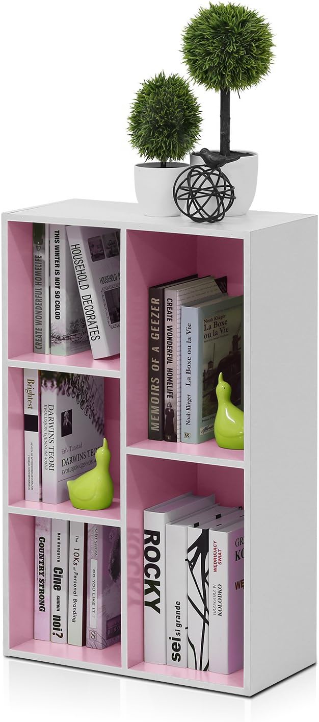 Furinno LUDER Book Shelf, 5-Cube Bookshelf, Reversible Bookcase, 9.4 x 19.5 x 31.5, Easy Assembly, for Living Room, Bedroom, Home Office, White/Pink