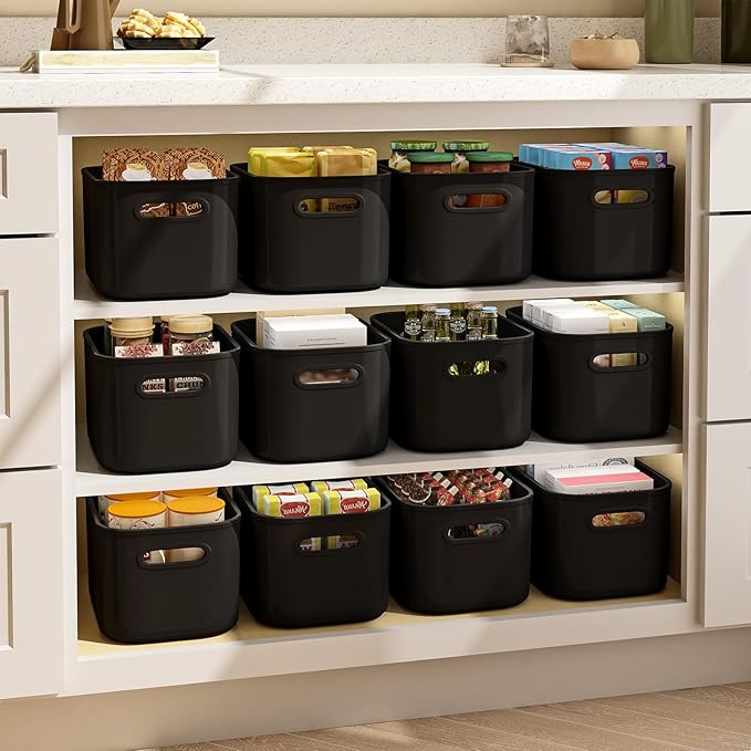 8 Pack Black Storage Bins with Lids for Shelves, Plastic Storage Containers with Lids for Organizing, Stackable Storage Boxes with Handle, Black Storage Bins for Classroom, Craft, Snacks