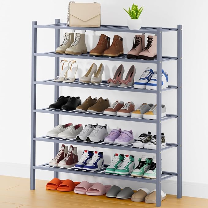 Smiry Bamboo Shoe Rack, 12 Vertical Slats, 6 Tier - 33.7" Wide, Grey | Stackable Free Standing Wooden Shoe Organizer, Wood Shoe Storage Shelf for Closet, Entryway
