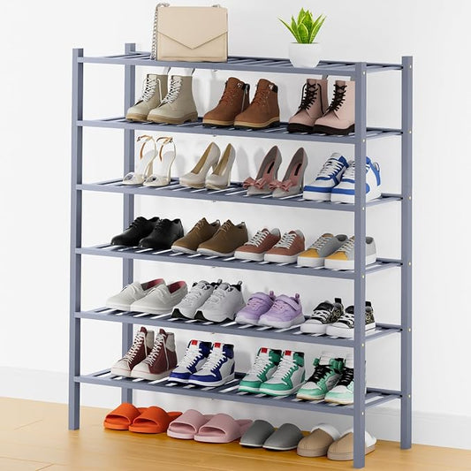 Smiry Bamboo Shoe Rack, 12 Vertical Slats, 6 Tier - 33.7" Wide, Grey | Stackable Free Standing Wooden Shoe Organizer, Wood Shoe Storage Shelf for Closet, Entryway