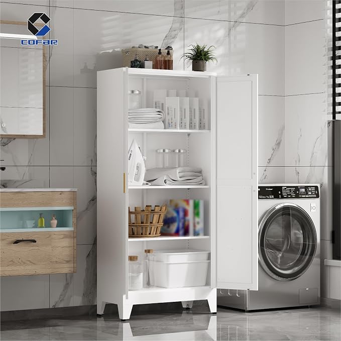COFaR Metal Pantry Cabinet with Doors, Farmhouse 61'' Tall Storage Cabinet with 3 Adjustable Shelves, Kitchen Pantry Cabinet for Dinning Room, Laundry, Bathroom, Garage, White 4-Tier