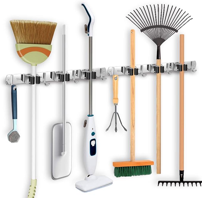 IMILLET 2 Pack Broom Holder Wall Mount Stainless Steel Mop Organizer | 5 Racks 4 Hooks Heavy Duty Garage Organization Storage,Broom and Mop Organizer Wall Hanging Self Adhesive for Laundry Room